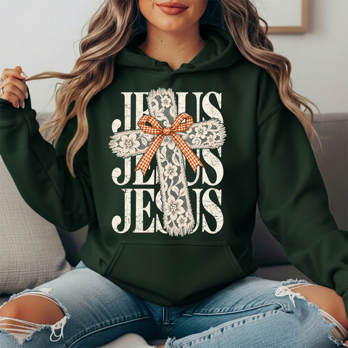 Jesus Floral Lace Cross & Gingham Bow Graphic Hoodie