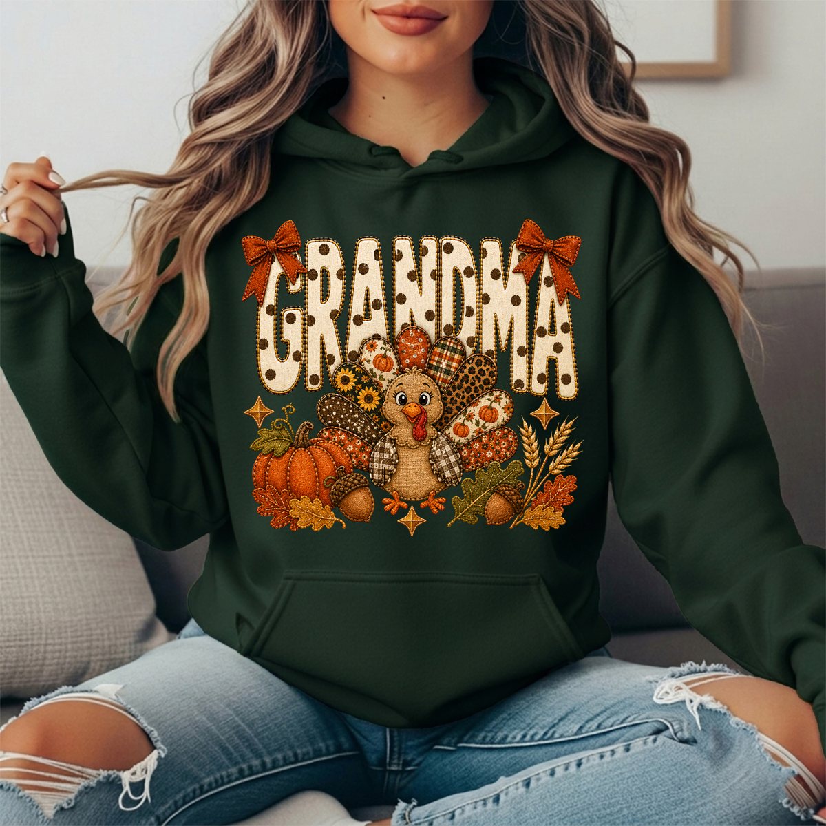 Grandma Thanksgiving Patchwork Turkey Bow Graphic Hoodie