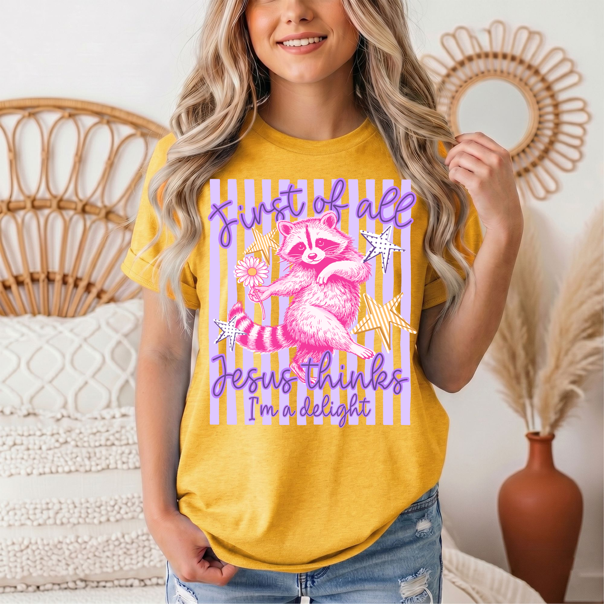 Jesus Thinks I'm a Delight Pink Raccoon Graphic Tee