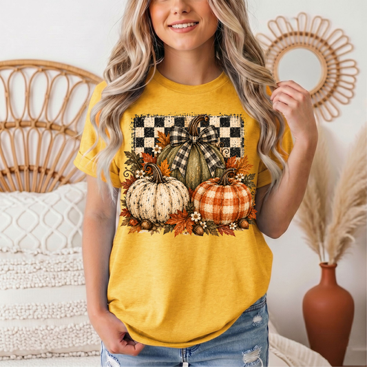 Rustic Fall Pumpkin Trio & Gingham Bow Graphic Tee