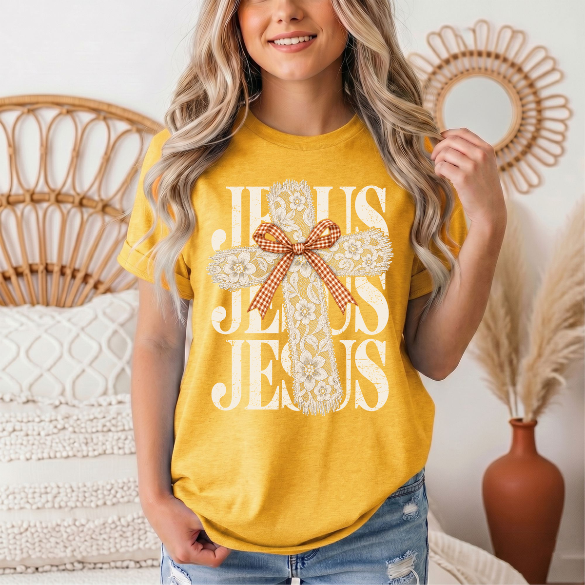 Jesus Lace Cross & Gingham Bow Christian Graphic Tee
