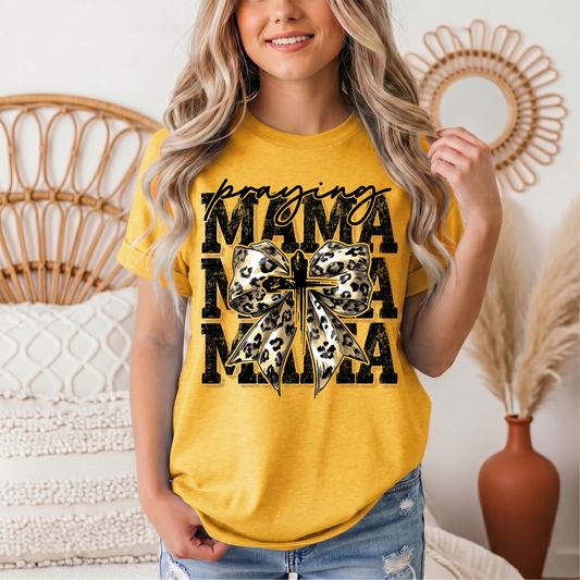 Praying Mama Leopard Bow & Cross Graphic Tee