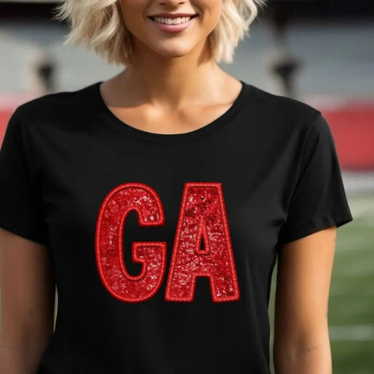 Red GA Sequin Letter Graphic Tee | Georgia Pride Shirt | Georgia Football Shirt K's Krafty Barn