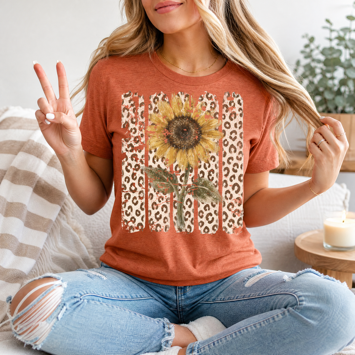Distressed Sunflower & Leopard Print Graphic Tee