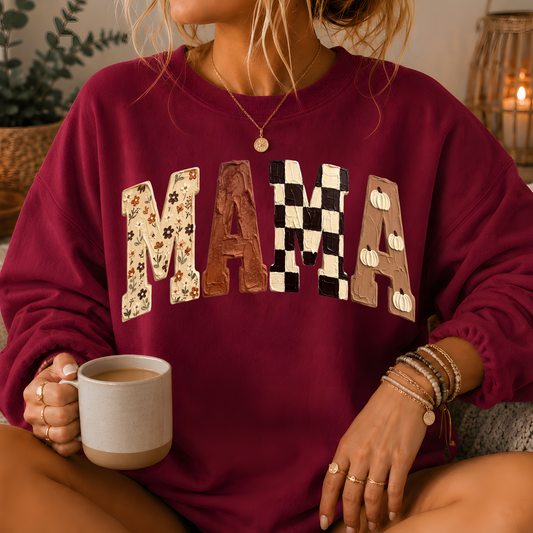 Mama Fall Patchwork Print Crewneck Sweatshirt