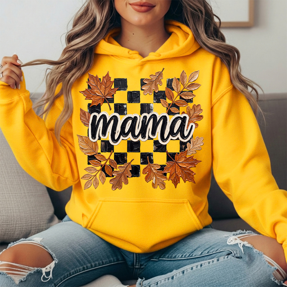 Mama Fall Leaves Checkerboard Graphic Hoodie
