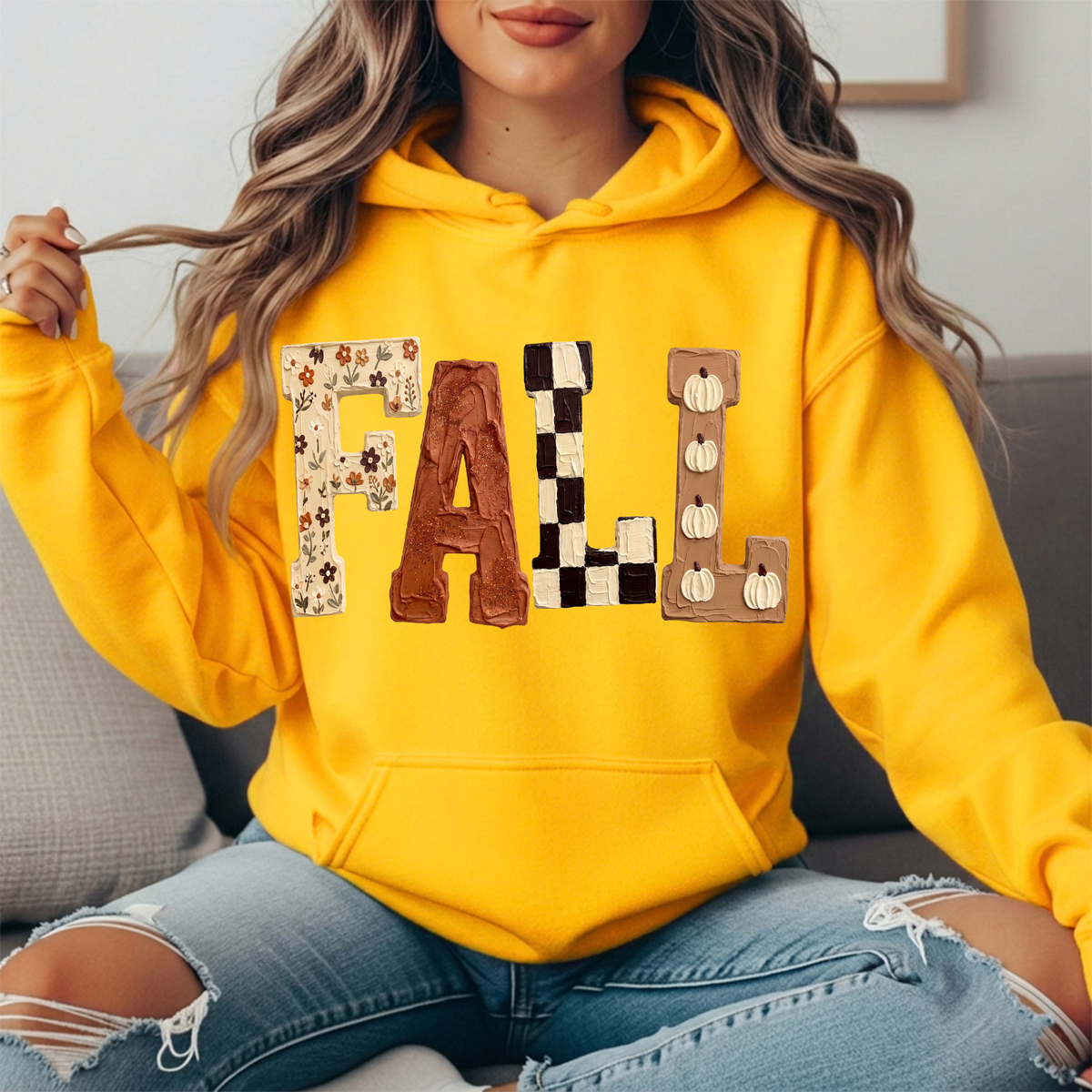 Fall Floral Checkerboard Pumpkin Lettering Graphic Hoodie