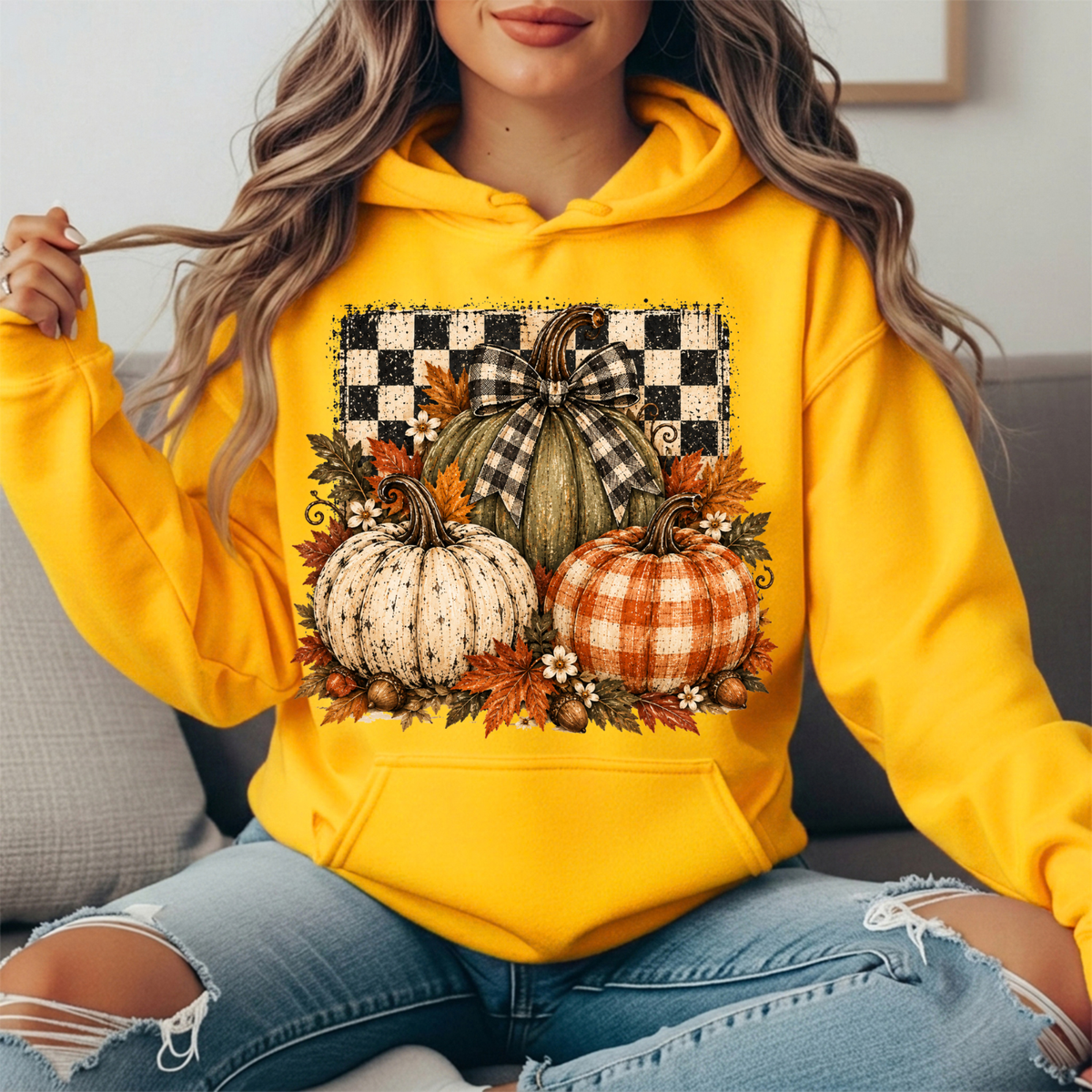 Rustic Fall Pumpkins Buffalo Check Bow Graphic Hoodie