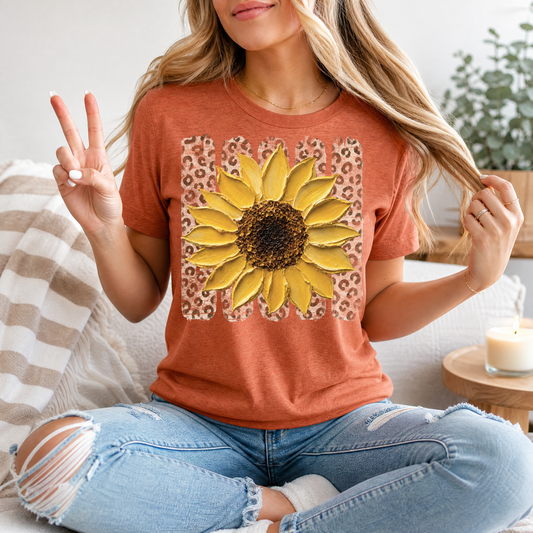 Painted Sunflower & Leopard Print Graphic Tee