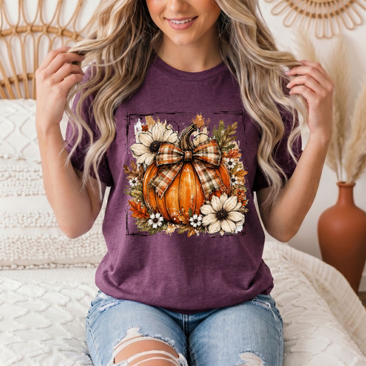 Fall Pumpkin Floral & Plaid Bow Graphic Tee