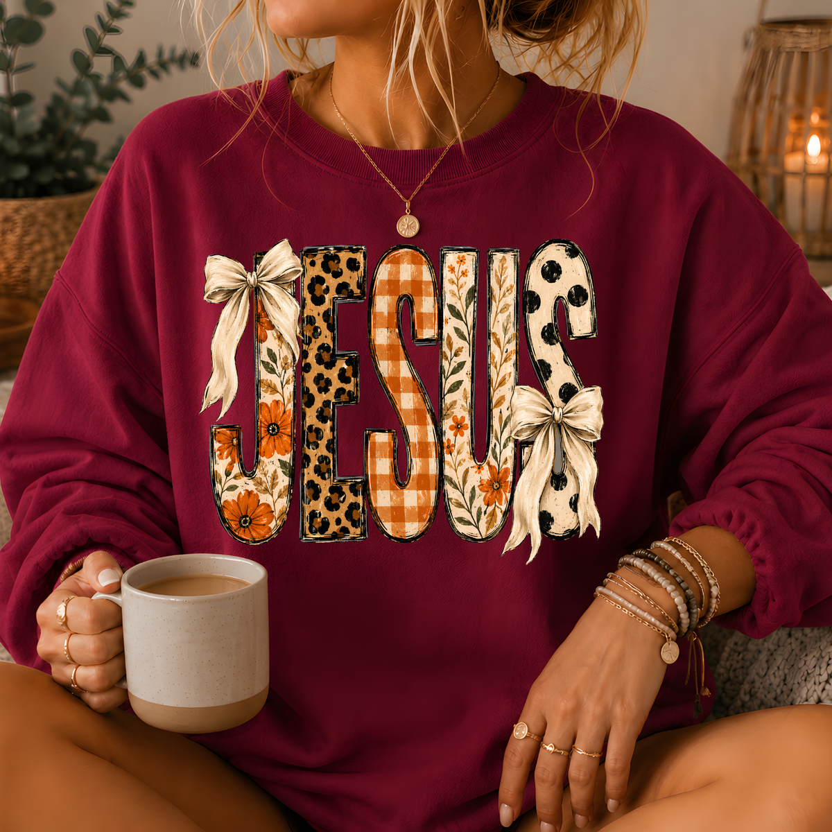 Jesus Mixed Print Bow Crewneck Sweatshirt