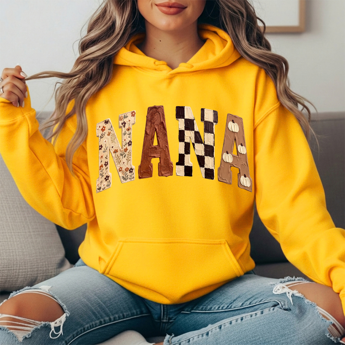 Nana Fall Floral, Checkerboard & Pumpkin Graphic Hoodie