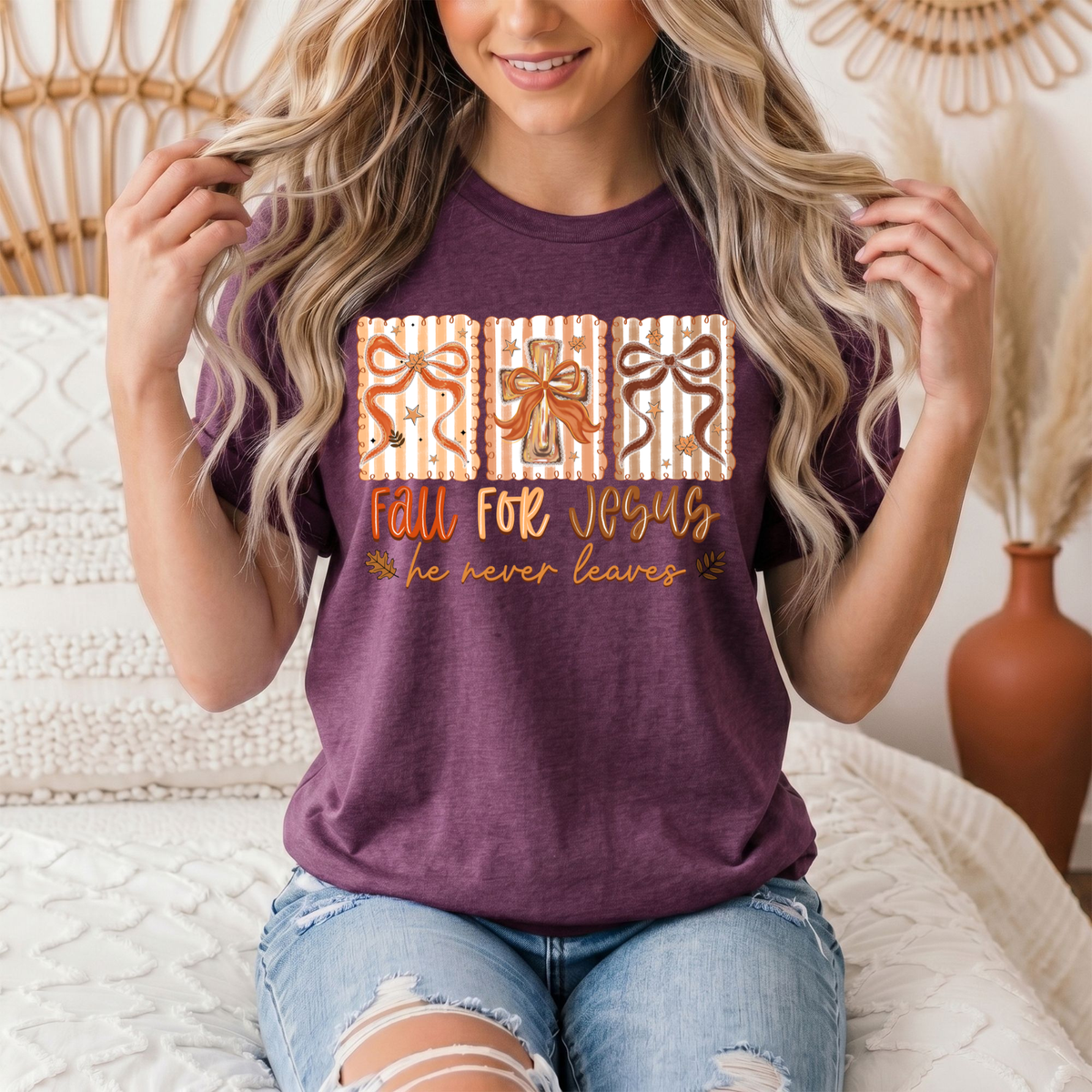 Fall for Jesus He Never Leaves Christian Graphic Tee
