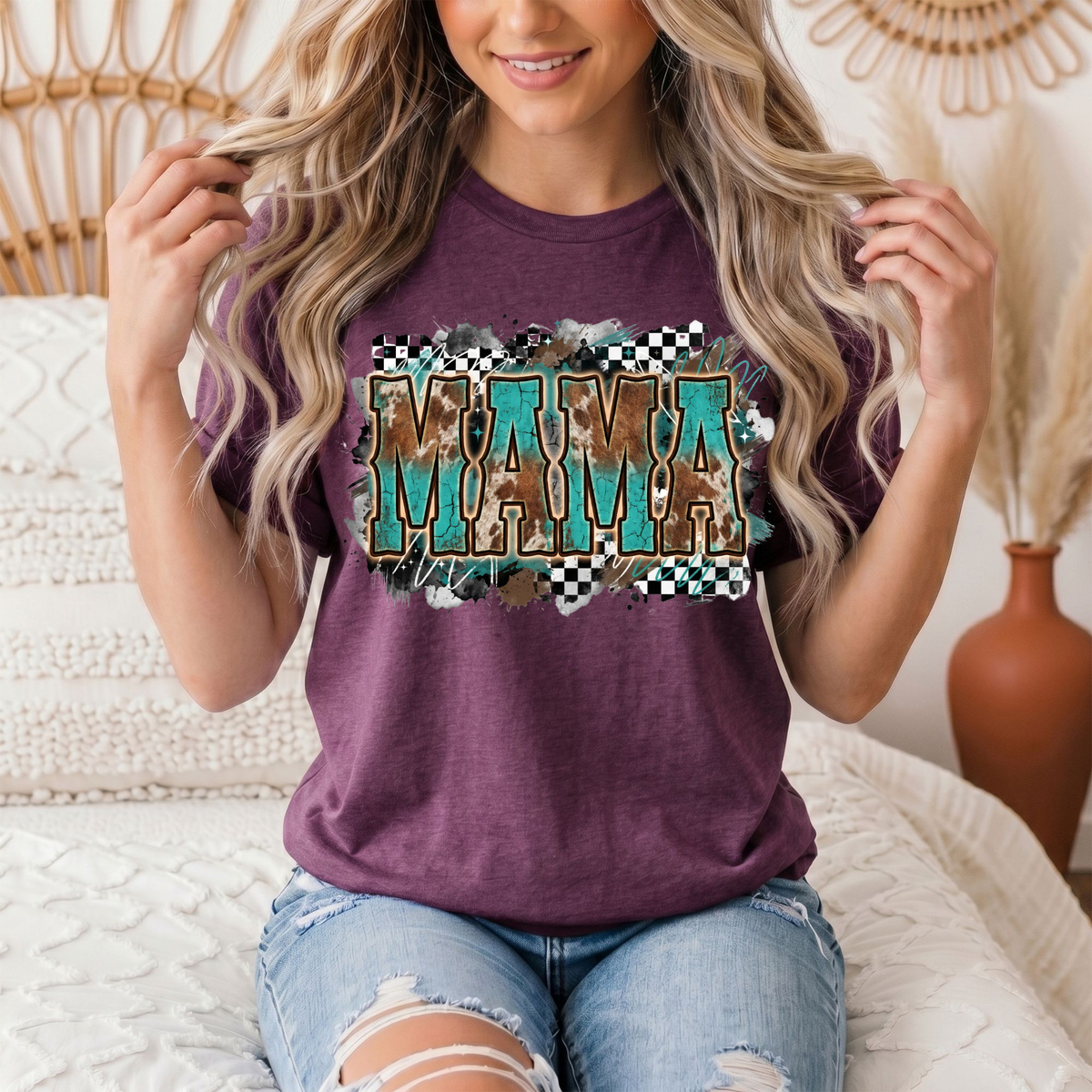 Turquoise & Cow Print Mama Western Graphic Tee