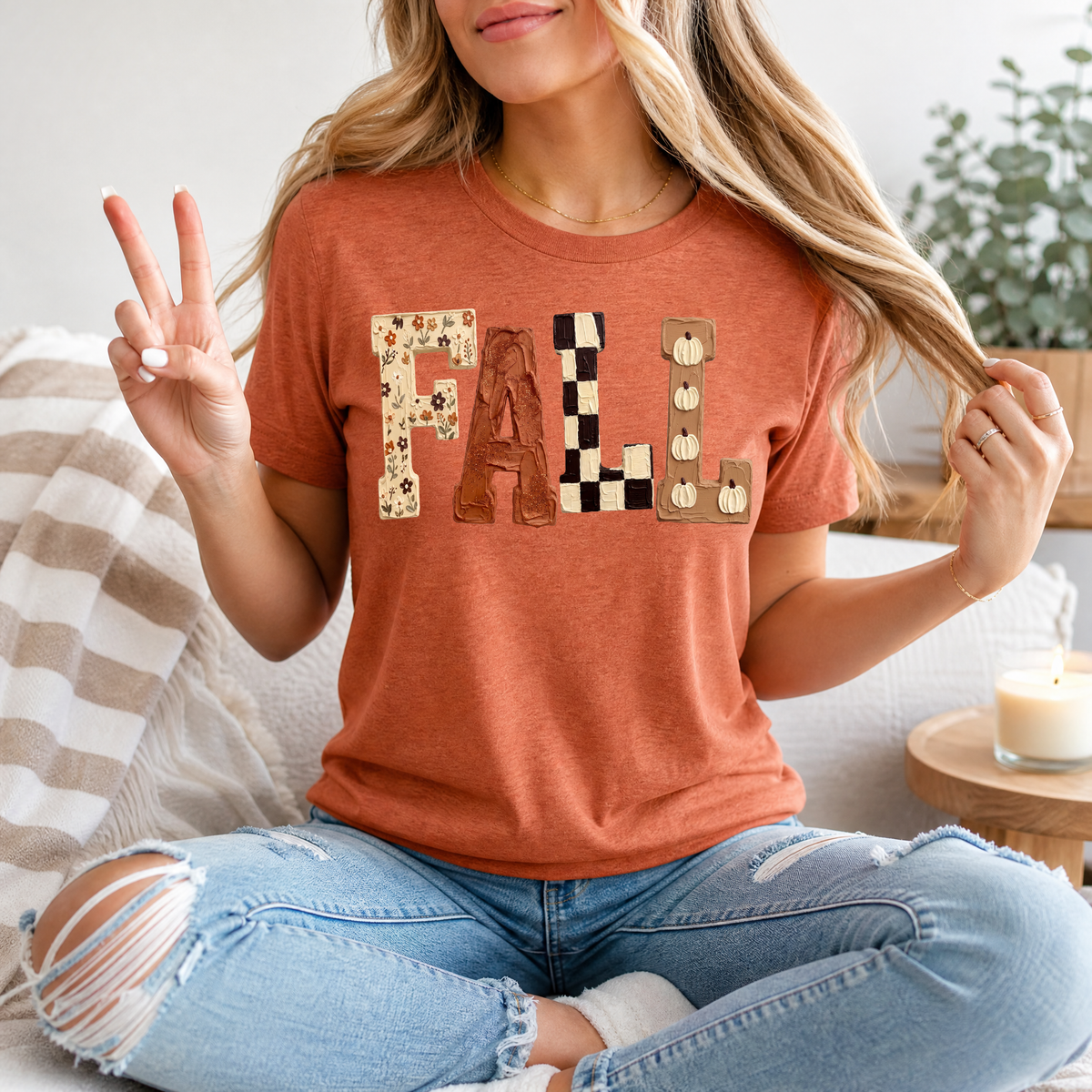 Fall Floral, Checkerboard & Pumpkin Graphic Tee