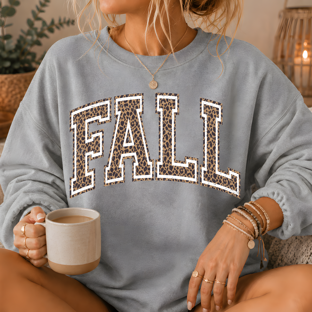 Fall Leopard Print Varsity Crewneck Sweatshirt
