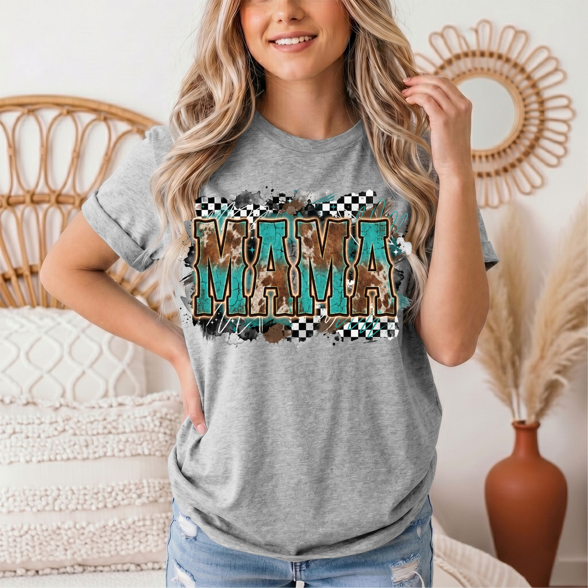 Turquoise & Cow Print Mama Western Graphic Tee