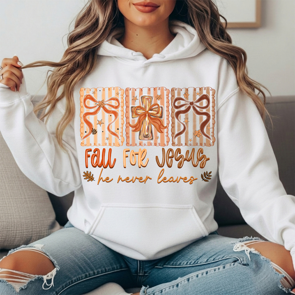 Fall for Jesus He Never Leaves Bow Cross Graphic Hoodie