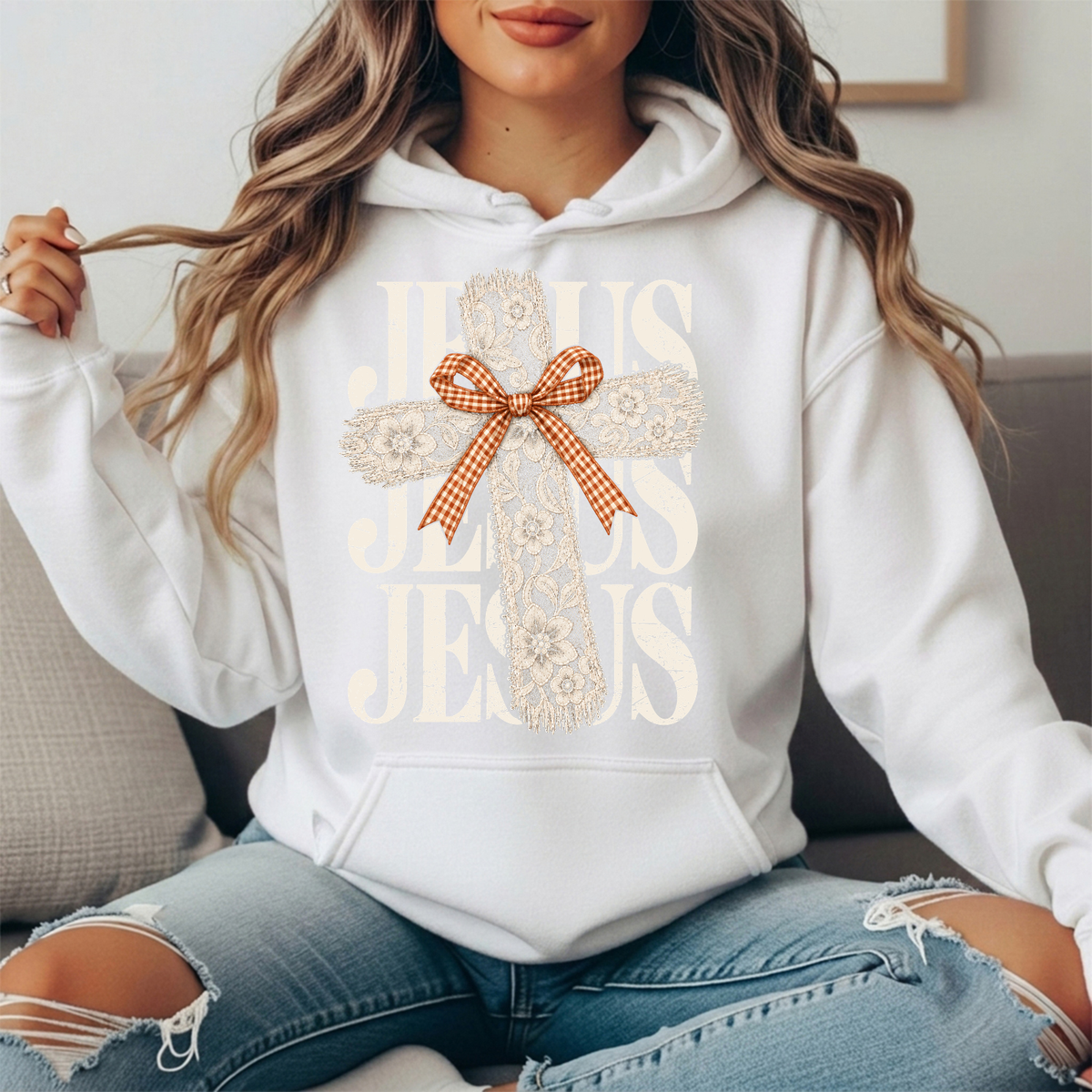 Jesus Floral Lace Cross & Gingham Bow Graphic Hoodie