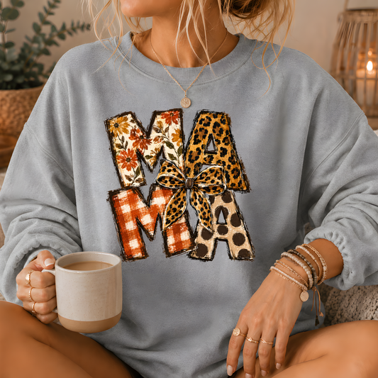 Mama Mixed Print Bow Crewneck Sweatshirt