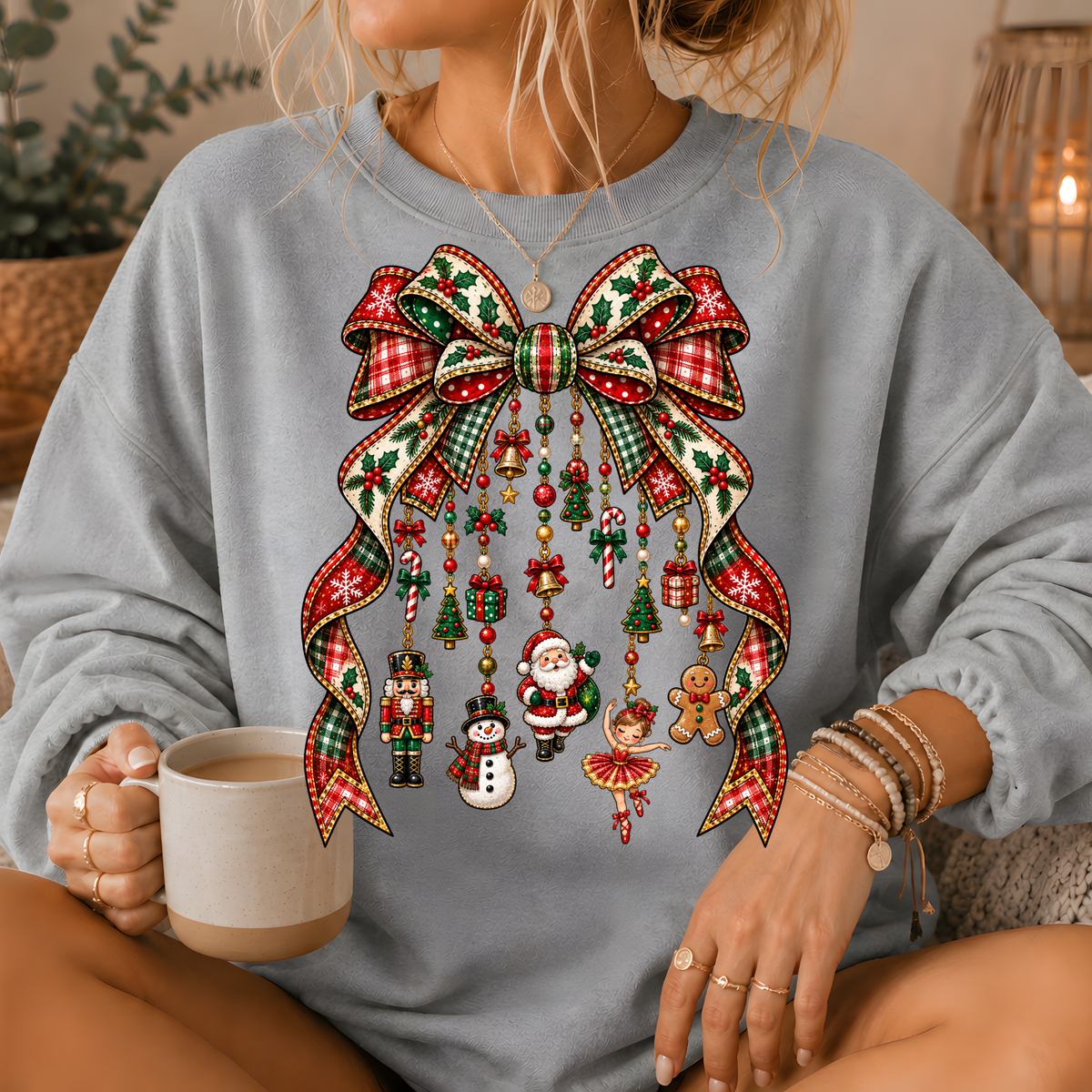 Christmas Plaid Bow Holiday Charms Crewneck Sweatshirt