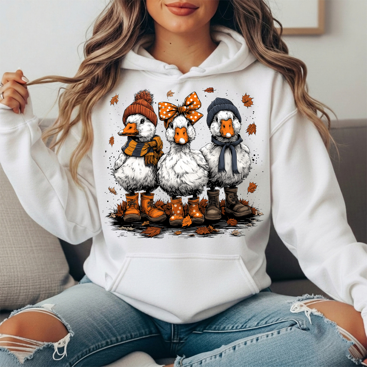 Fall Ducks in Boots & Orange Bow Graphic Hoodie
