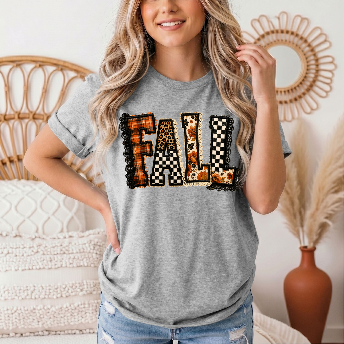 Fall Plaid Leopard & Floral Patchwork Graphic Tee