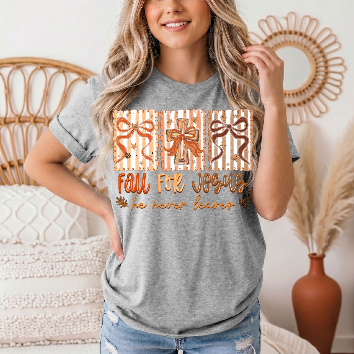 Fall for Jesus He Never Leaves Christian Graphic Tee
