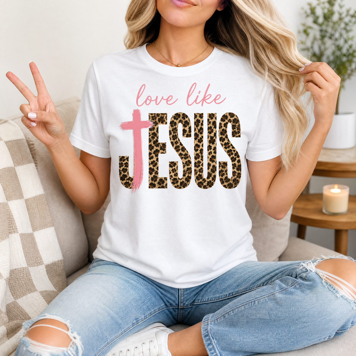 Love Like Jesus Leopard Print & Pink Cross Graphic Tee