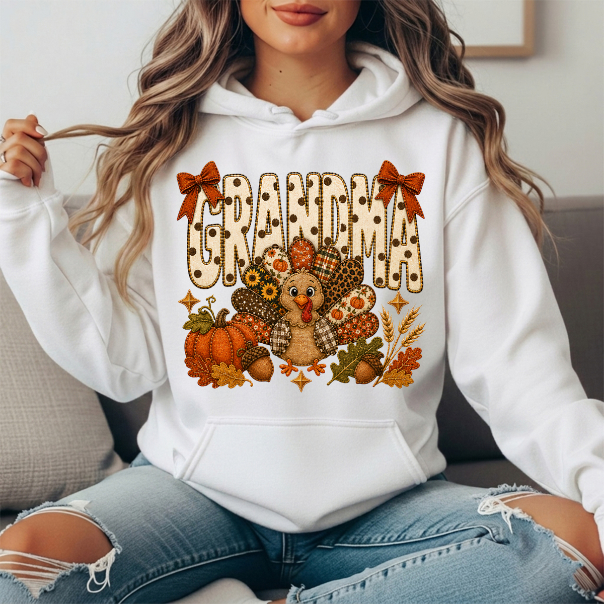 Grandma Thanksgiving Patchwork Turkey Bow Graphic Hoodie