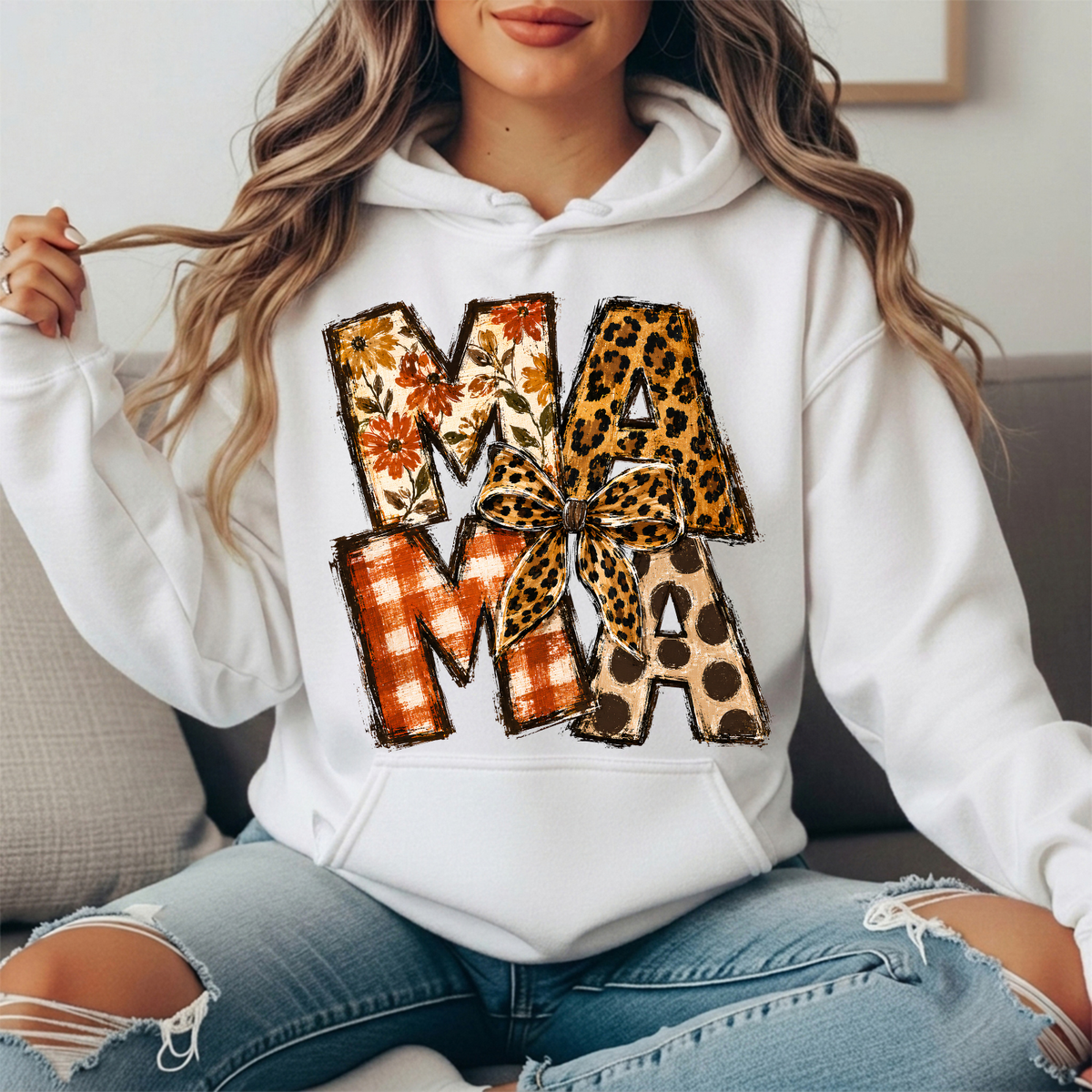 Mama Fall Patchwork & Leopard Bow Graphic Hoodie