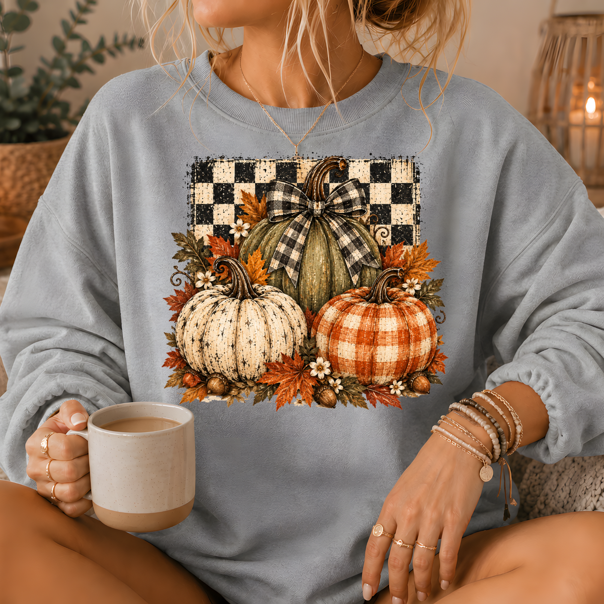 Pumpkin Plaid Bow Floral Crewneck Sweatshirt