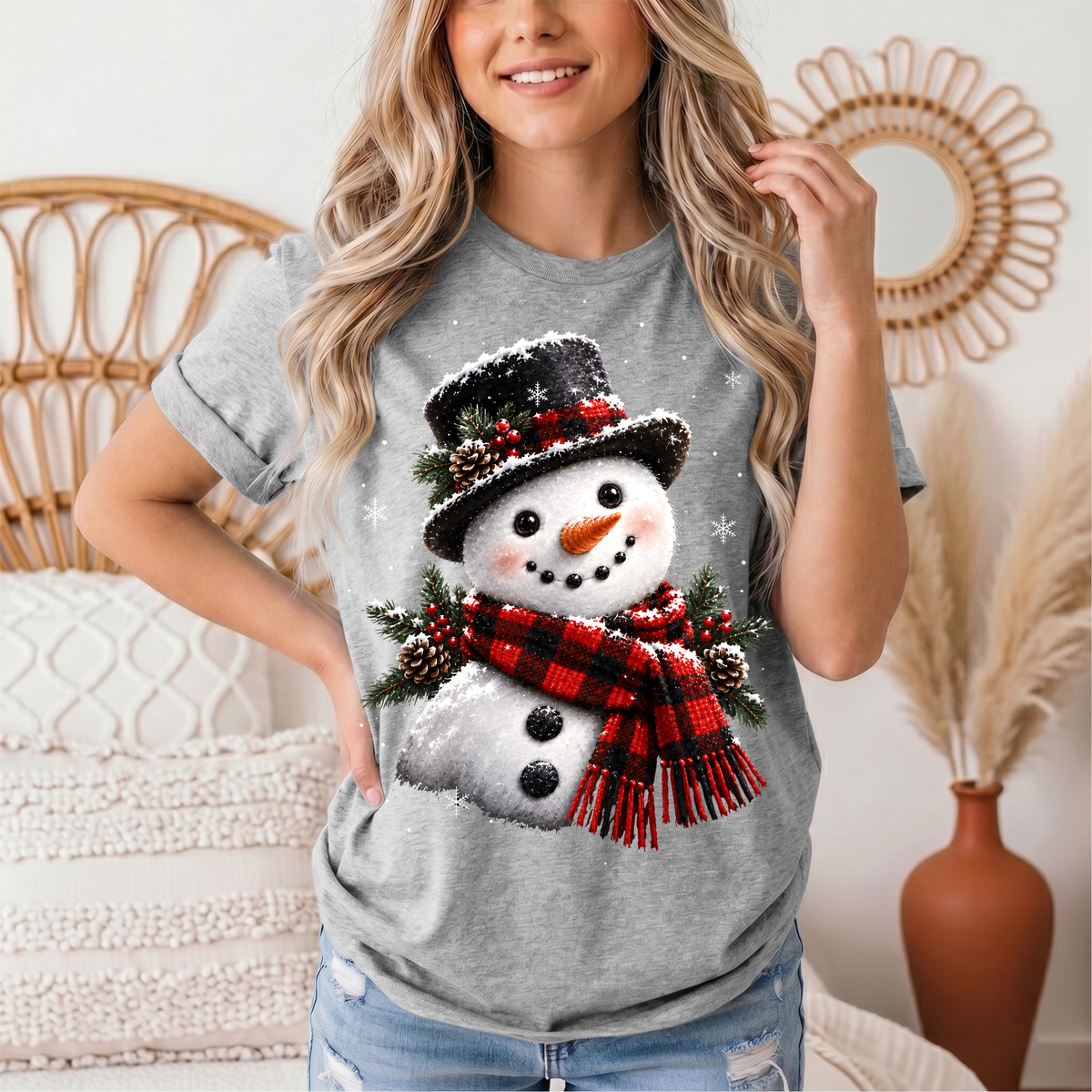 Snowman Buffalo Plaid Scarf Christmas Graphic Tee