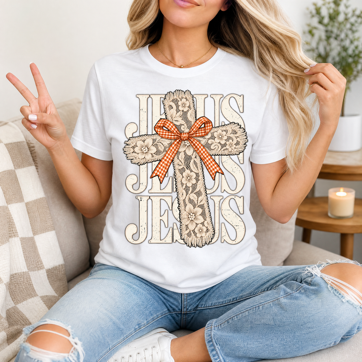 Jesus Lace Cross & Gingham Bow Christian Graphic Tee