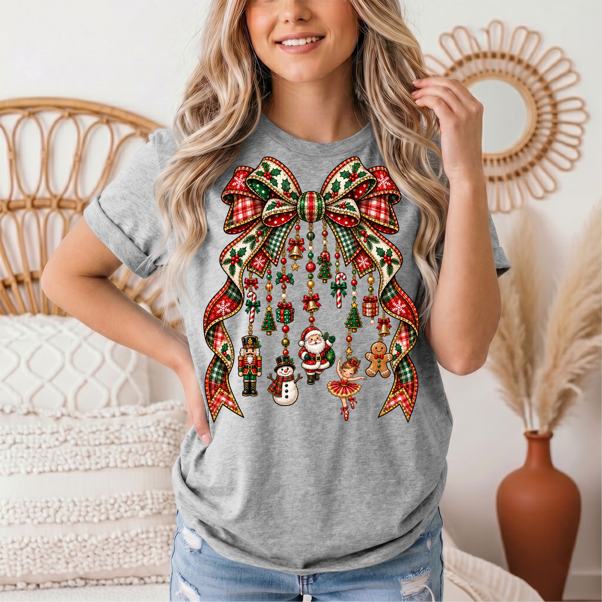 Christmas Plaid Bow & Holiday Charms Graphic Tee