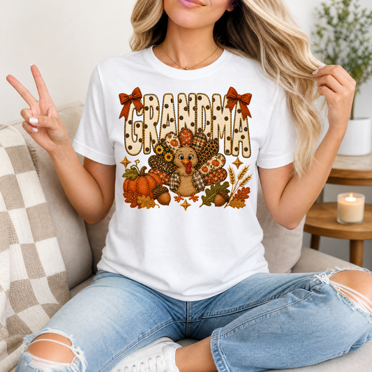 Grandma Thanksgiving Turkey & Bow Graphic Tee
