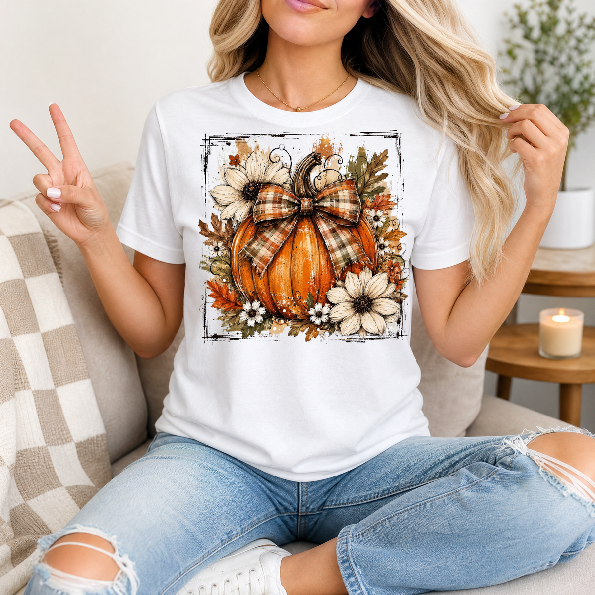 Fall Pumpkin Floral & Plaid Bow Graphic Tee