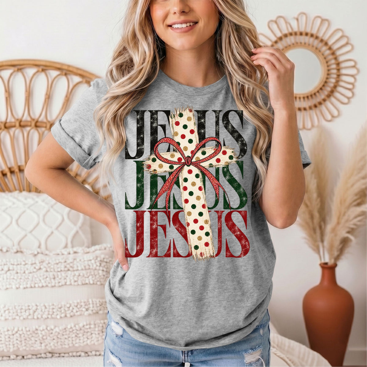 Jesus Christmas Cross & Bow Graphic Tee