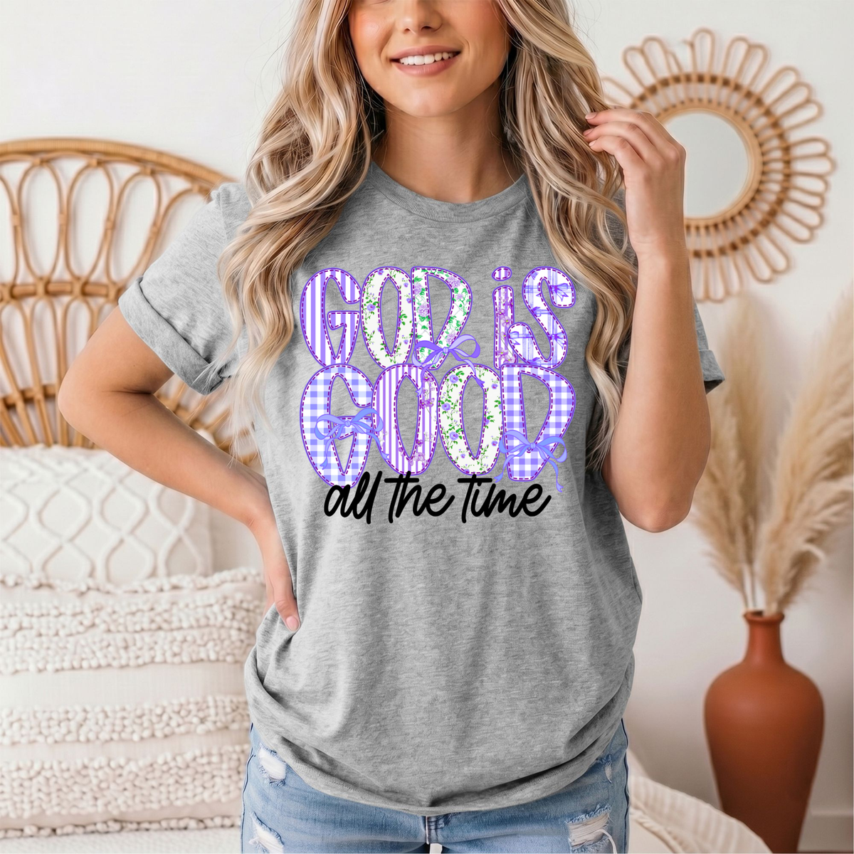 God Is Good All the Time Purple Bow Graphic Tee