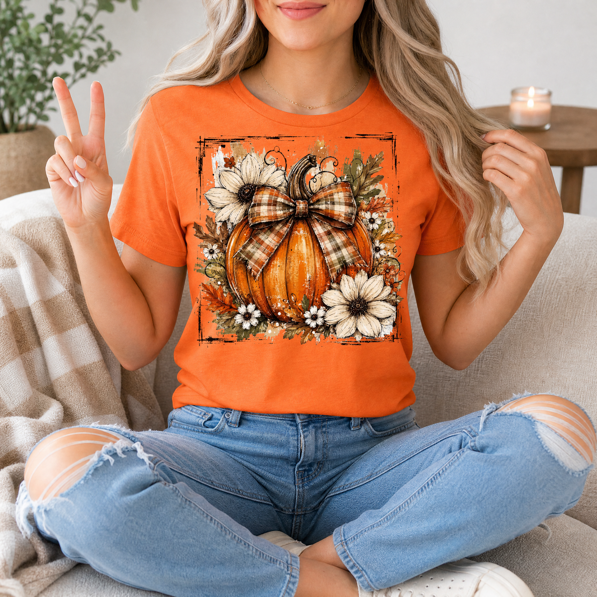 Fall Pumpkin Floral & Plaid Bow Graphic Tee
