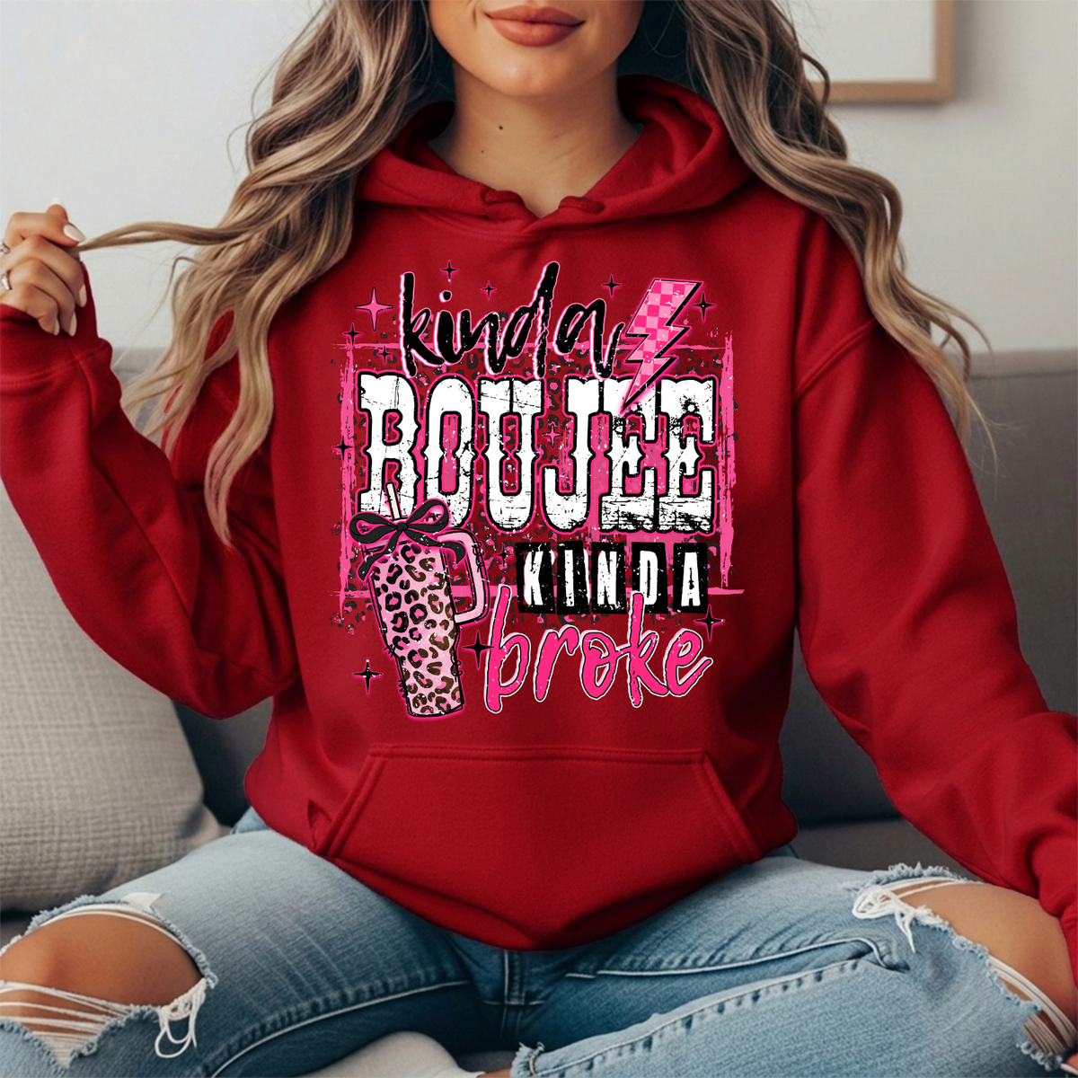Kinda Boujee Kinda Broke Pink Leopard Graphic Hoodie