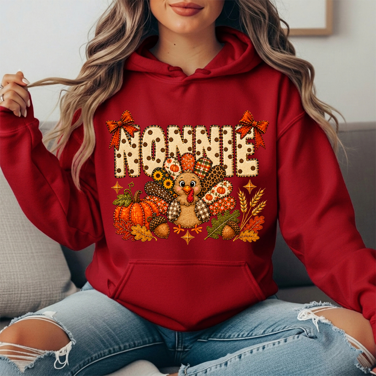 Nonnie Thanksgiving Patchwork Turkey Bow Graphic Hoodie