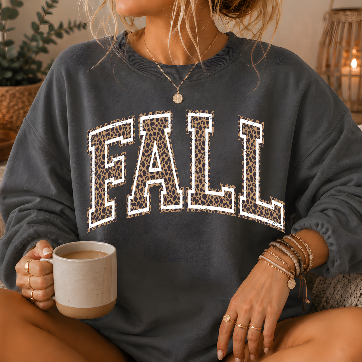 Fall Leopard Print Varsity Crewneck Sweatshirt