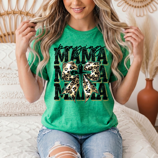 Praying Mama Leopard Bow & Cross Graphic Tee