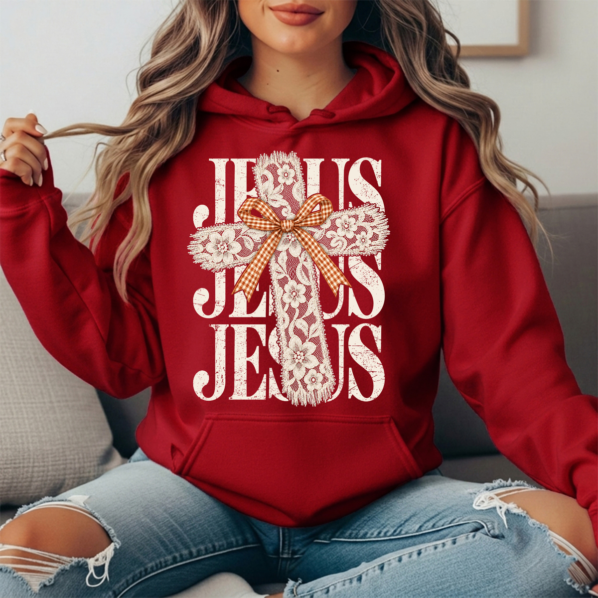 Jesus Floral Lace Cross & Gingham Bow Graphic Hoodie