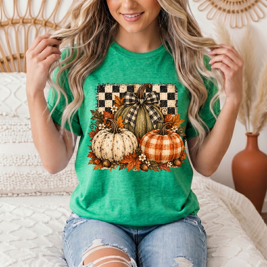 Rustic Fall Pumpkin Trio & Gingham Bow Graphic Tee