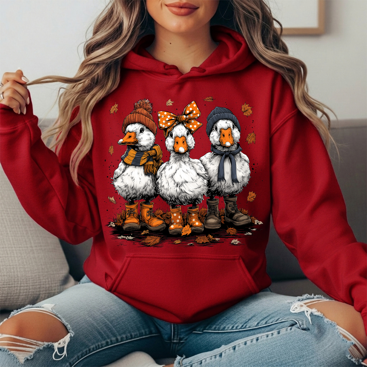 Fall Ducks in Boots & Orange Bow Graphic Hoodie