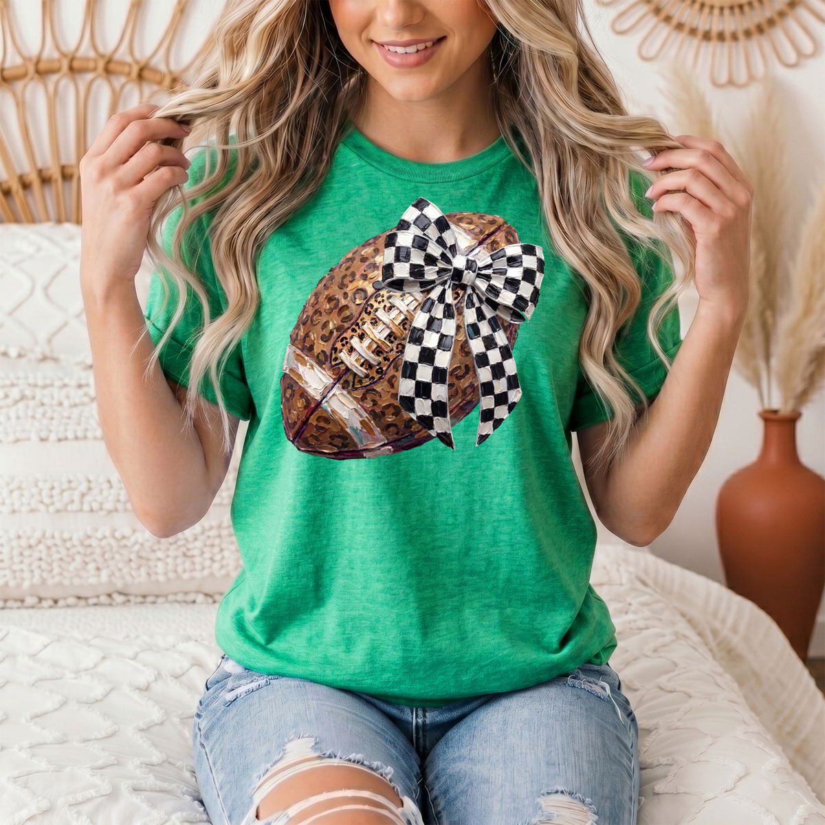 Leopard Football & Checkerboard Bow Graphic Tee
