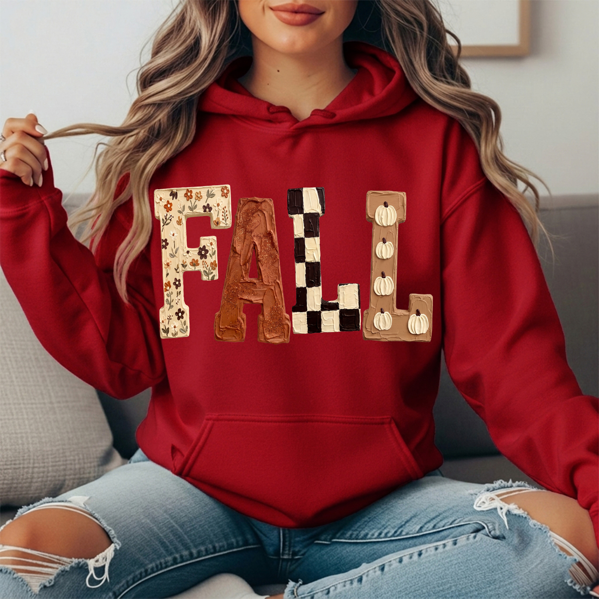 Fall Floral Checkerboard Pumpkin Lettering Graphic Hoodie