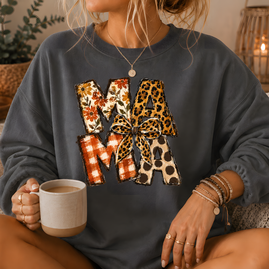 Mama Mixed Print Bow Crewneck Sweatshirt